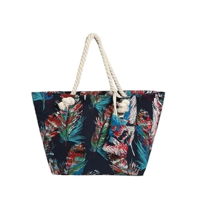 Afbeelding van Grote waterafstotende strandtas met rits 58 x 38 18 cm gekleurde veren