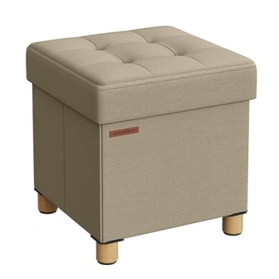 Afbeelding van SONGMICS Opbergkruk, kleine opvouwbare poef, 38 x 40 cm, kubusvormige voetensteun met opslag, belastbaar tot 300 kg, voor woonkamer, slaapkamer, slaapzaal, camelbruin LSF014K11