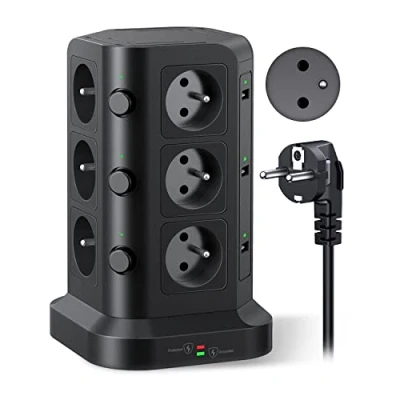 Afbeelding van KOOSLA 12 stopcontacten 2P + T type E (Frankrijk) meervoudig stopcontact met 6 USB poorten (4000 W/16 A), stekkerdoos voor overspannings en overspanningsbeveiliging, 3 afzonderlijke schakelaars, 2 m kabel, zwart