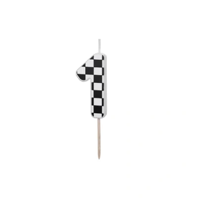 Afbeelding van Verjaardagskaars, nummer 1, 5,5 cm, met ruitpatroon, kinderverjaardag, taartdecoratie, zwart en wit