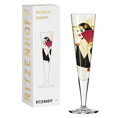 Afbeelding van champagneglas, 200 ml, serie Goldnacht nr. 28, elegant designstuk met echt goud, zwart, rood