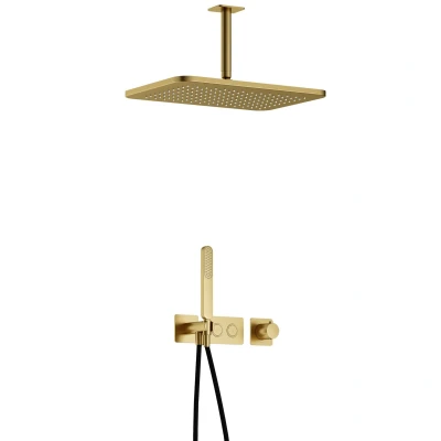 Afbeelding van Hotbath Gal Regendoucheset IBS41 Geborsteld Messing PVD Staaf Handdouche 40cm Hoofddouche 15cm Plafondbuis