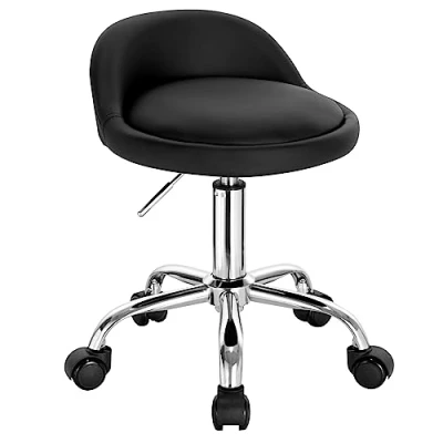 Afbeelding van WOLTU Bureaukruk, ronde kruk met rugleuning, kaptafelkruk wieltjes, draaibare voor massagesalon, kantoor, kliniek, kunstleer, zwart, BS133sz