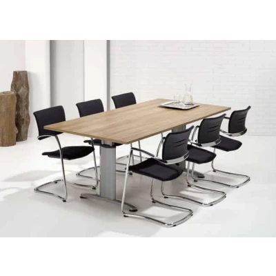 Afbeelding van Hoogte verstelbare rechthoekige T poot vergadertafel Work 200x100cm breed diep bladkleur Kersen framekleur Wit (RAL9010)