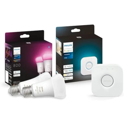 Afbeelding van Philips Hue starterskit, wit en gekleurd, 2 lampen, E27 800lm, Inclusief Bridge, Dimbaar, Verbind met Bluetooth of Werkt Alexa Google