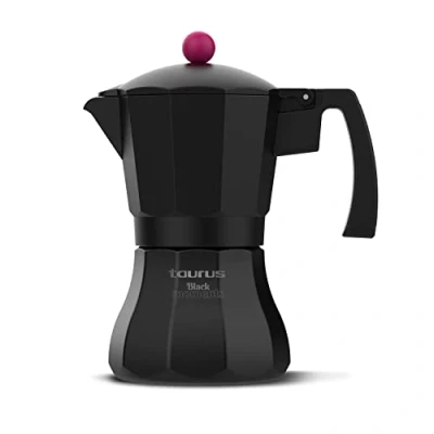 Afbeelding van Taurus Black Moments 3 Italiaans koffiezetapparaat, kopjes, basis en filter van roestvrij staal, veiligheidsventiel, veiligheidssluiting, voor alle branders, transparant deksel, zwart