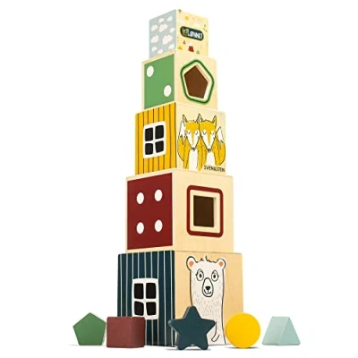 Afbeelding van HEJ LØNNE Stapeltoren van hout vanaf 1 jaar, stapelbare kubus ter bevordering de motoriek en het begrijpen cijfers, houten toren, motoriekspeelgoed, cadeau voor kinderen een
