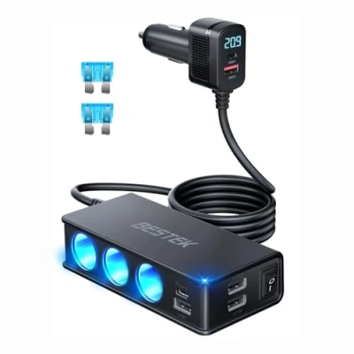 Afbeelding van BESTEK Sigarenaansteker, 12 V/24 V, 9 in 1 oplader, adapter voor sigarettenaansteker, USB C, caria, auto, PD 30 W, QC, 18 met 3 pers en 6 poorten led display iPhone Dash Cam