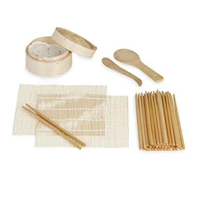 Afbeelding van Relaxdays sushi set 1 stoommandje 40 stokjes 2 rolmatjes zelf maken bamboe