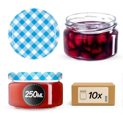 Afbeelding van KADAX Set van 10 kleine jampotten met deksel, 250 ml, luchtdicht, cadeau voor honing en specerijen, blauw geruit