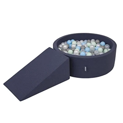 Afbeelding van KiddyMoon schuimspeelplaats met ronde ballenbak (100 ballen) ballenbakken voor baby&#039;s speelbad hindernisbanen, made in the eu, donkerblauw:pearl/grijs/transparant/babyblauw/minze