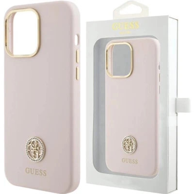 Afbeelding van Guess Silicone Script Metal Logo &amp; Frame hoesje voor iPhone 15 roze