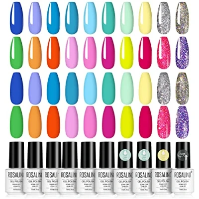 Afbeelding van ROSALIND 20 Kleuren UV Gel Nagellak, Rood Roze Blauw Oranje Paars Grijs Glitter ​​Kleur 7ml Nagel, Top Basislaag &amp; Matte Toplaag, Soak Off lamp Nail Polish Set Art Manicure 24pcs