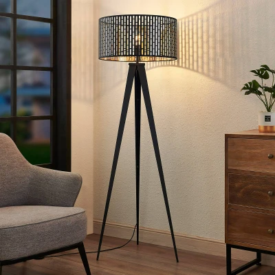 Afbeelding van Lindby vloerlamp Thoralf, driepoot, zwart, textiel, Ø50cm