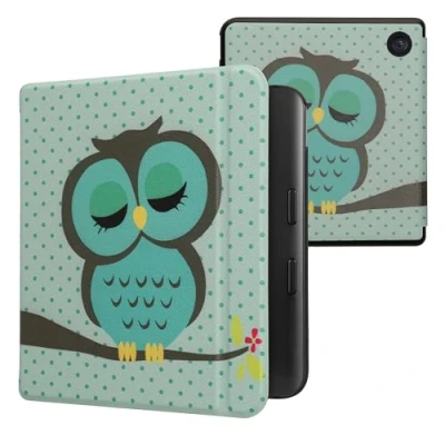 Afbeelding van kwmobile E reader hoesje geschikt voor Kobo Libra Colour hoes flip case met magnetische sluiting Ereader cover Slapende Uil design in turquoise / bruin mintgroen