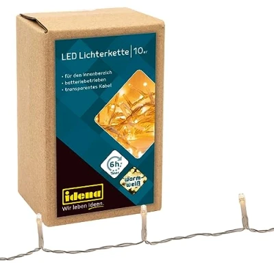 Afbeelding van Idena 8582065 Lichtsnoer met 10 leds in warm wit, 6 uur timer, werkt op batterijen, ca. 1 m, voor gebruik binnenshuis, als decoratie feestjes, Kerstmis