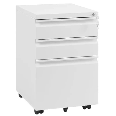 Afbeelding van WOLTU ASK03ws Rolkast, bureaukast, afsluitbaar, met 3 laden, hangkast, wieltjes, 39 x 62 46 cm, wit