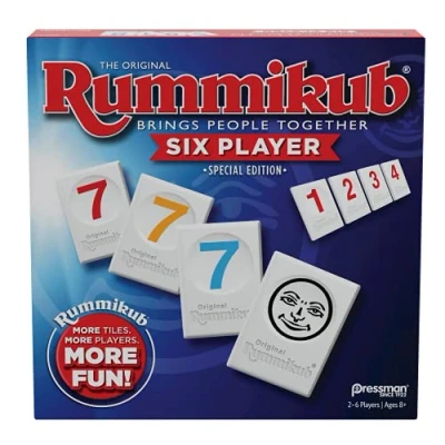 Afbeelding van Rummikub Zes spelers Edition Het klassieke Rummy tegelspel meer tegels en voor plezier! van Pressman, blauw