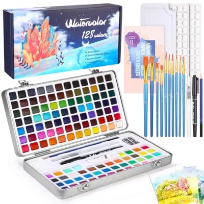Afbeelding van Azyvum 128 stuks aquarelverf in draagbare doos, met kwast en aquarelpapier, voor reizen, aquarel kunstenaars, hobbyschilders schilderliefhebbers