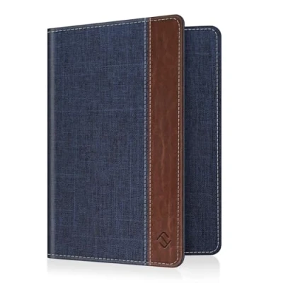 Afbeelding van Fintie paspoorthouderbeschermer, RFID blokkerende stoffen paspoorthoes met documentportemonnee voor creditcard, Europees paspoort, visitekaartjes, heren en dames,, Denim Indigo/Bruin