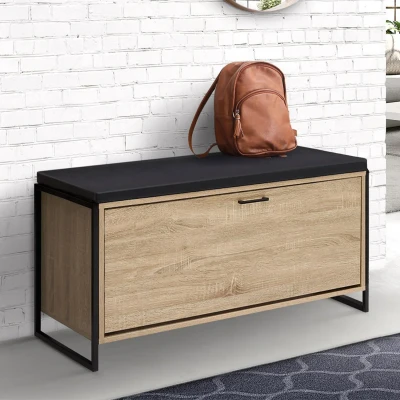 Afbeelding van Banc d&#039;entrée avec coussin et rangement chaussures LUIS 100 cm design industriel