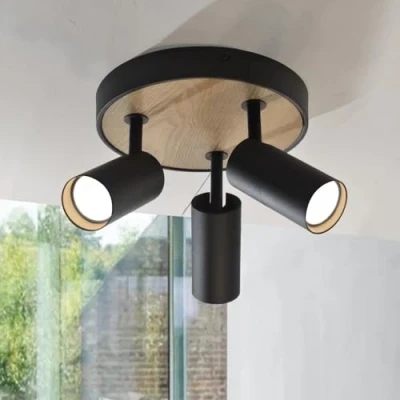Afbeelding van ouglres plafondlamp, 3 lampen, zwart, hout, draaibaar, spot, design, rond, voor keuken, woonkamer, slaapkamer, hal, eetkamer, restaurant, Gu10