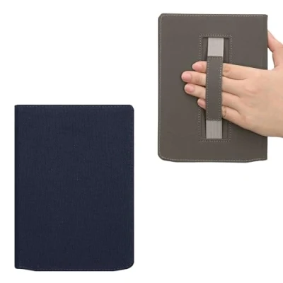 Afbeelding van kwmobile E reader hoesje geschikt voor Pocketbook InkPad 4 / Color 3 2 Vivlio hoes Canvas eReader flip case cover met handband In donkerblauw