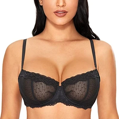 Afbeelding van DOBREVA Vrouwen Sexy Kant Ongevoerd Onderdraad Balconette See Through Sheer Bra, zwart #new punt, 95B