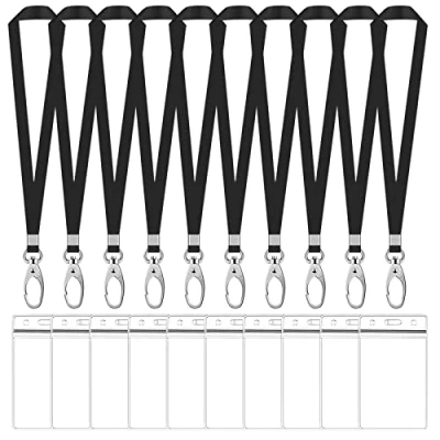 Afbeelding van 10 sets badgehouders met nekband, waterdicht, transparant, ID kaarthouder en nylon, halsband draaibare haak, naam halsband, voor kantoor, school, tentoonstelling (zwart,