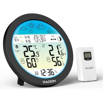 Afbeelding van Raddy DT7 Draadloos weerstation met afstandsbediening, thermometer/hygrometer, weerstations groot HTN kleurendisplay, DCF klok, dubbel alarm, weersvoorspelling, vorstwaarschuwing
