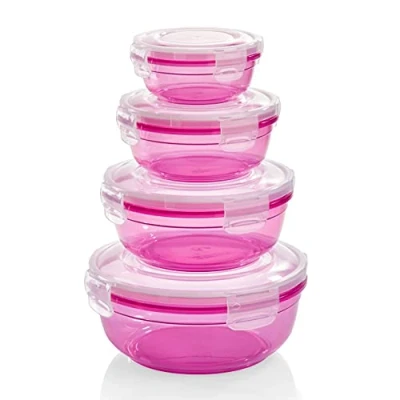Afbeelding van Set van 4 vershouddozen (0,4 l, 0,8 1,4 2,3 l), rond, kunststof, 100% lucht /waterdicht, magnetronbestendige voorraaddozen, Berry