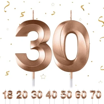 Afbeelding van Verjaardagskaarsen, nummer 30, cijferkaarsen, champagne, taartdecoratie, verjaardagstaartdecoratie