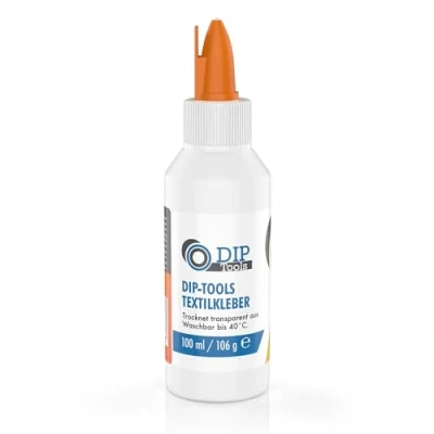 Afbeelding van DIP Tools Machinewasbare textiellijm voor textiel, polyester, jeans, extra sterk, transparant en waterdicht, zonder resten, geurloos, oplosmiddelvrij (250 ml)