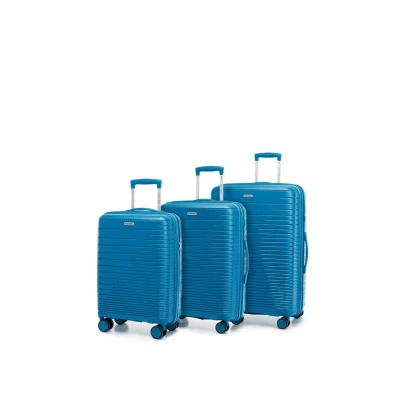 Afbeelding van WITTCHEN Fuerta Line Koffer van polypropyleen met glanzende riemen, 4 dubbele zwenkwielen aluminium, telescopische handgreep, TSA slot, Blauw, Set 3 koffers