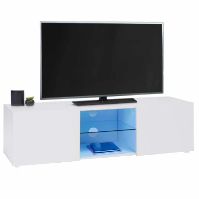 Afbeelding van Meuble TV ELI blanc étagère en verre avec LED 113 cm