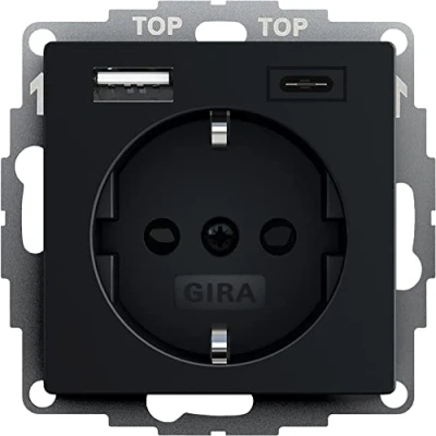 Afbeelding van GIRA wandcontactdoos kinderveilig met USB A en C aansluiting Mat Zwart 2459005