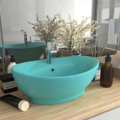 Afbeelding van Wastafel met overloop ovaal 58,5x39 cm keramiek mat lichtgroen
