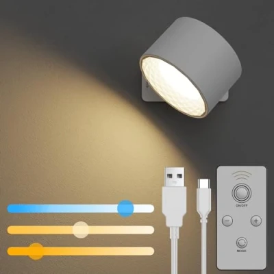 Afbeelding van iFalarila Wandlamp met afstandsbediening voor bed, oplaadbare wandlamp, 3 kleuren en helderheidsniveaus, 360 graden draaibaar, wit