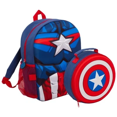 Afbeelding van Captain America Rugzak Met Afneembare Lunchtas Waterfleshouder Jongens Bijpassende 2 delige Set Terug Naar School, Blauw, one size