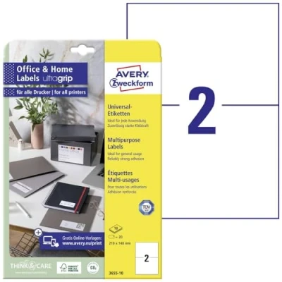 Afbeelding van Avery Zweckform Universele Etiketten, 210 X 148 Mm, Wit, Permanent Klevend, 20 10 Vellen Etiket