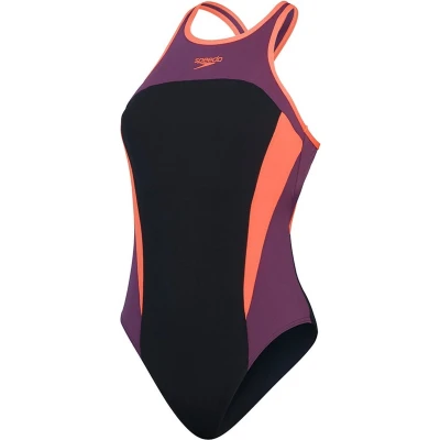 Afbeelding van Speedo Womens HIGH NECK Splice Cross BACK Swimsuit Badpak, Dames, Maat: 36, Black/plum dandy/siren red