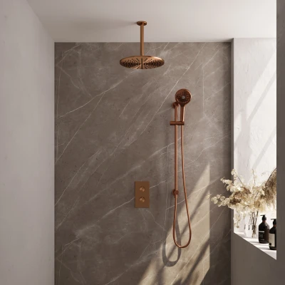 Afbeelding van Brauer Carving 30cm Plafondbuis 3 Standen handdouche Met glijstang Geborsteld koper PVD