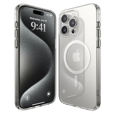 Afbeelding van elago Magnetische hybride transparante beschermhoes, compatibel met iPhone 15 Pro Max, MagSafe oplader, PC+TPU technologie, Amerikaanse militaire valbescherming (wit)