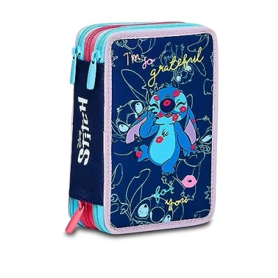 Afbeelding van Elementair schooletui met 3 vakken LILO &amp; STITCH MY Alien PAL Disney blauw inhoud 43 stuks potloden, markers enz. pennenhouder voor school, meisjes, elementair, blauw, Taglia Unica,,