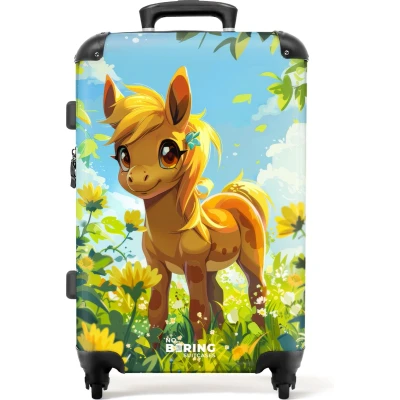 Afbeelding van NoBoringSuitcases.com® Koffer groot Rolkoffer lichtgewicht Bruine pony tussen gele bloemen Reiskoffer met 4 wielen Grote trolley XL 20 kg bagage
