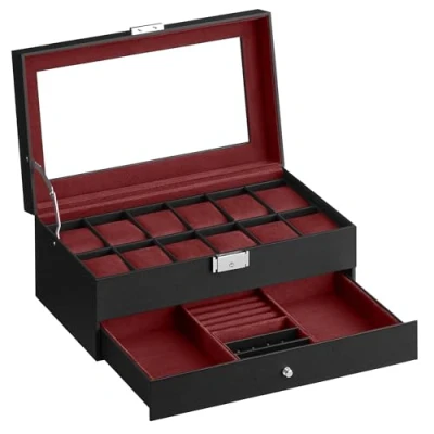 Afbeelding van SONGMICS horlogedoos, glazen deksel, doos met 2 niveaus, 12 horloges, afsluitbaar, 1 lade, cadeau idee, PU, zwart, voering bordeauxrood JWB012R01