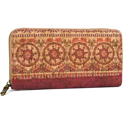 Afbeelding van styleBREAKER Damesportemonnee van kurk met kleurrijke patroonprint in etnische look, ritssluiting, portemonnee 02040138, Bordeauxrood beige, muntzakje, Muntzakje