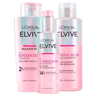 Afbeelding van L&#039;Oréal Paris Elvive Glycolic Gloss Serum zonder uitspoelen 150 ml + 200 shampoo lamineerbehandeling 5 minuten à poreus haar set intensieve en langdurige glans 3 flessen