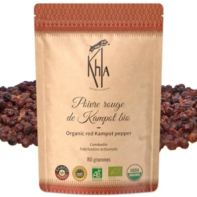 Afbeelding van Khla Rode Kampot peper gecertificeerd biologisch 80 g Zak in biologische korrels Grand Cru, Zoet &amp; Fruitig Keukeningrediënt Spice Directe producent Beperkte productie Herkomst