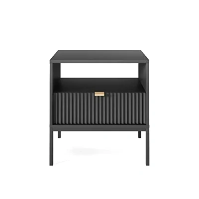 Afbeelding van Selsey Vellore Nachtkastje 54 cm zwart met geribbelde front en gouden handvat